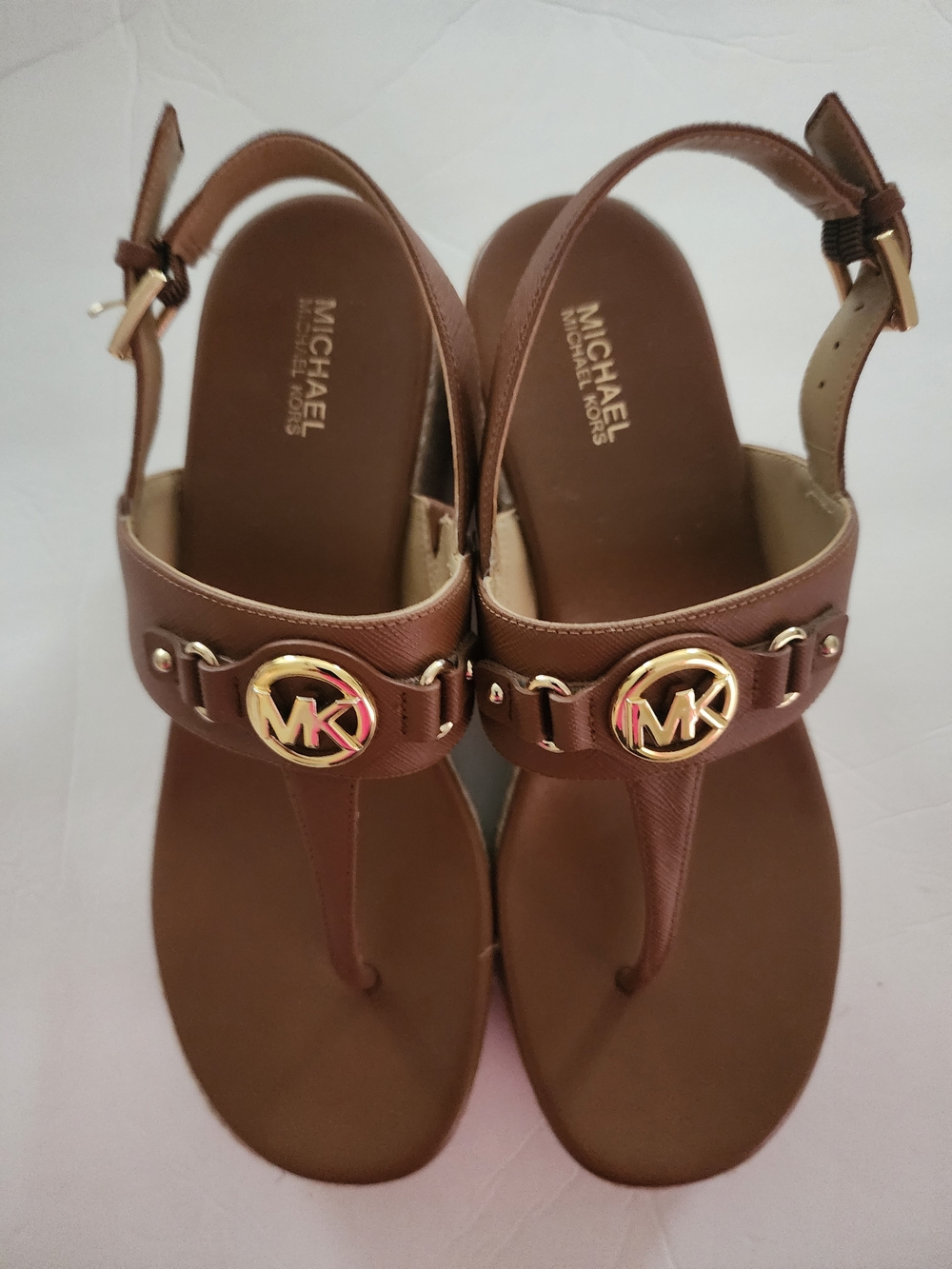 MICHAEL Michael Kors Brown Leather MK Logo T-Strap Sandals